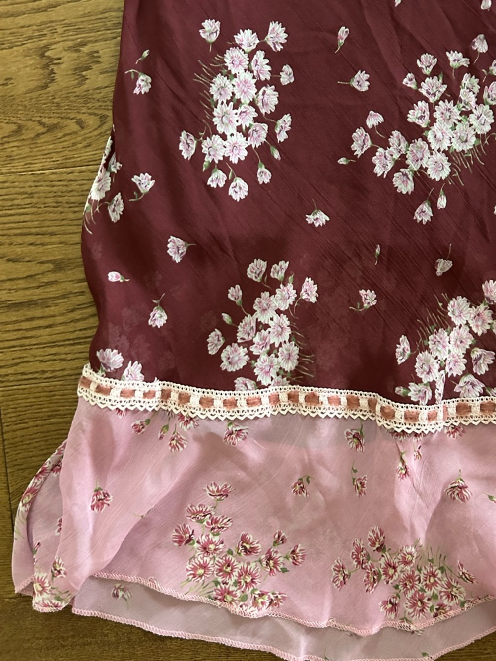 Vintage Sandro Burgundy Floral Midi Slip Skirt with Pink Accents - Picture 4 of 7